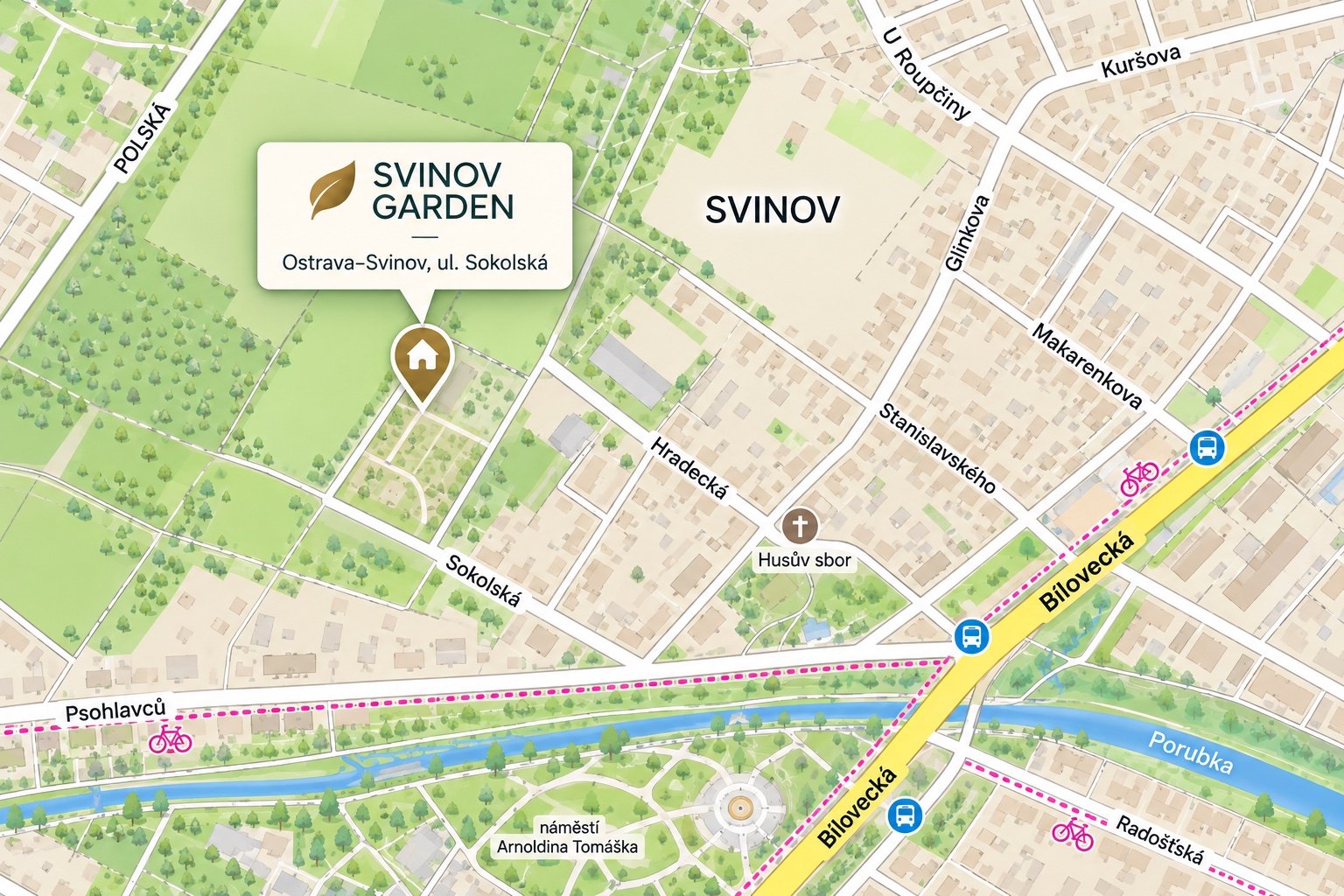 Orientační mapa polohy projektu Svinov Garden v Ostravě-Svinově